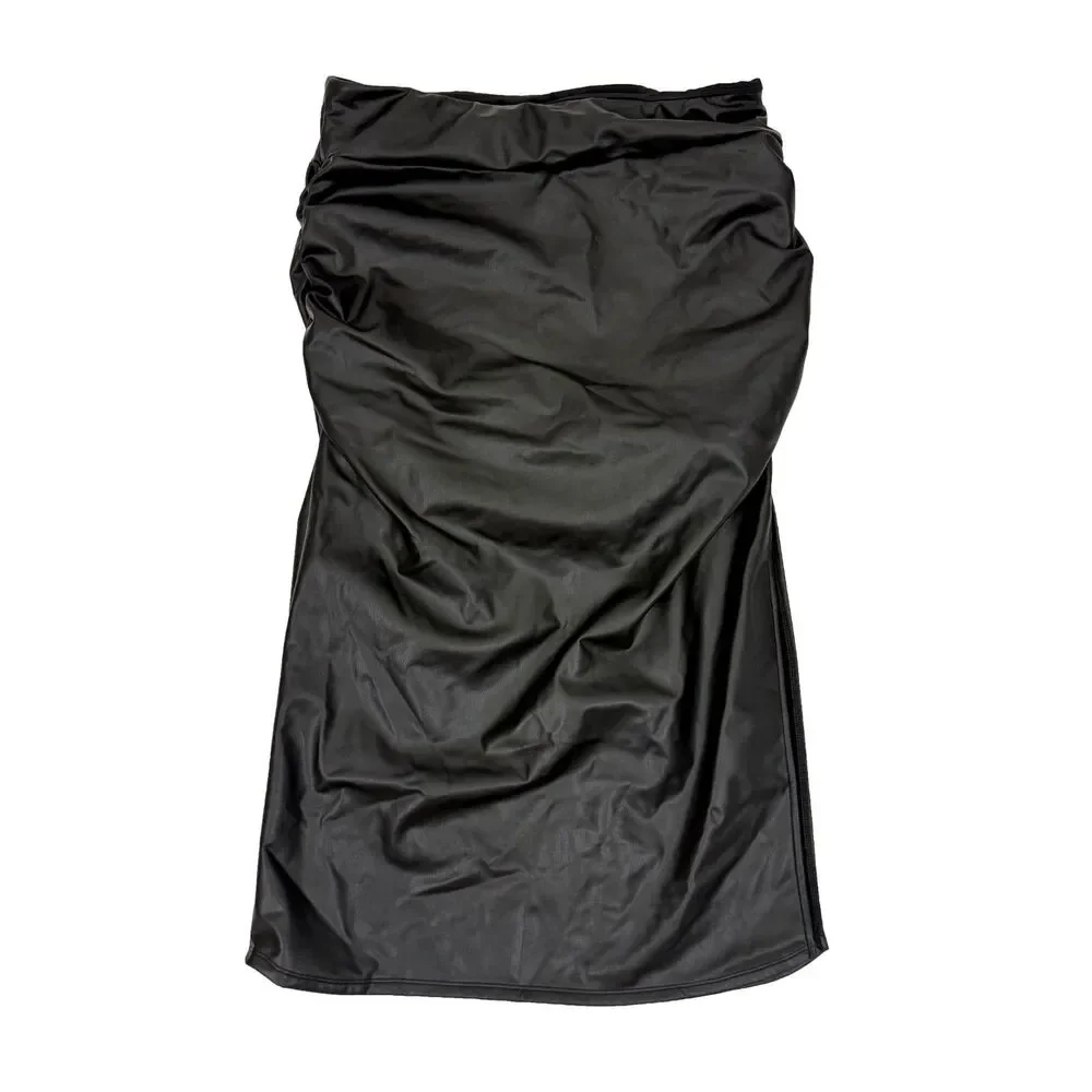 HALARA High Rise Tummy Cntl Ruched  2-in-1 Fleece PU Midi Skirt XL NEW B76